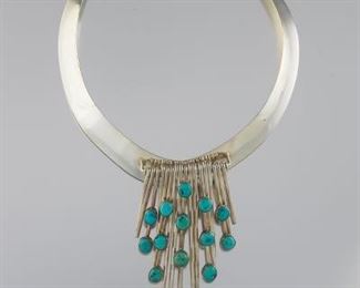 Ladies Sterling Silver and Turquoise Collar Fringed Waterfall Necklace 