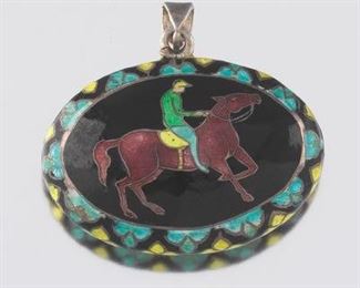 Ladies Sterling Silver Guilloche Enamel Equestrian Double Sided Pendant Locket Vail 
