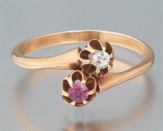Ladies Victorian Gold, Ruby and Diamond Bypass Ring 