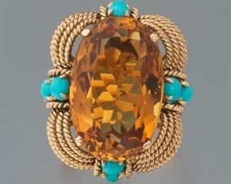 Ladies Vintage Gold, Amber Citrine and Turquoise Fashion Ring 