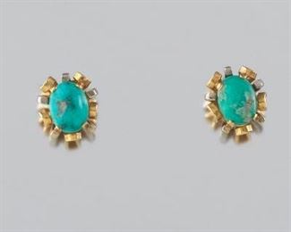 Ladies Vintage Pair of Gold and Turquoise Earrings 