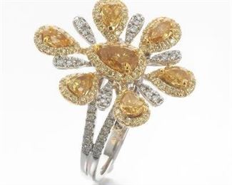 Ladies Yellow and White Diamond Flower Cocktail Ring 