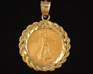 Lady Liberty $5 High Carat Gold Coin in Frame Pendant 