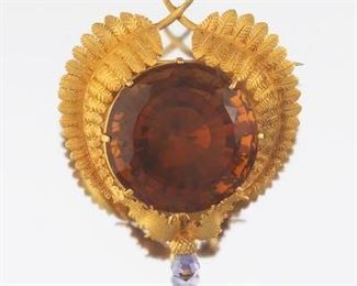 Large Citrine, Gold and Amethyst Thistle Brooch 