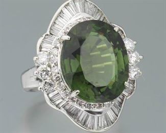 Large Platinum, Diamond and Green Tourmaline Ring 
