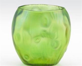 Loetz Iridescent Peridot Glass Dimpled Cabinet Vase 