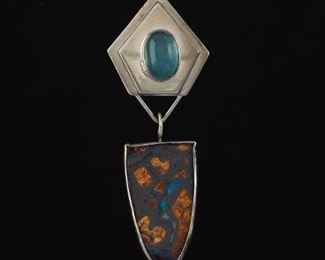 Marilyn Greenwood Artisan Sterling Silver, Boulder Matrix Opal and Cats Eye Aquamarine Slider 