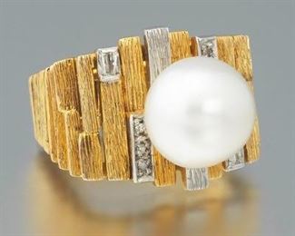 Modernist Gold, Pearl, and Diamond Ring 