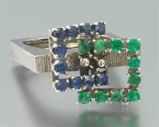 Modernist Gold, Sapphire, and Emerald Ring 