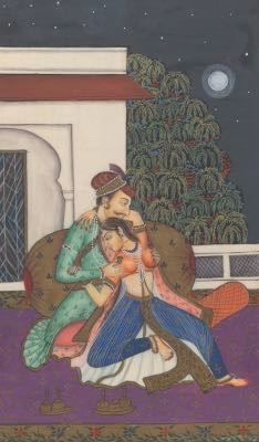 Mughal Painting Of Two Lovers in A Courtyard 