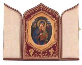 Our Lady of Perpetual Help Porcelain Hand Painted Plaque in Embossed Gilt Leather Travel Devotional, Case by Tanfani Bertarelli Roma, ca. Early 20th century