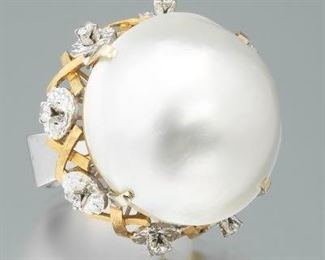 Oversized Mabe Pearl and Diamond Ring 