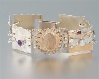 Owen Artisan Sterling Silver, Carved Moonstone, Color Tourmalines, Amethyst and Garnet Bracelet 