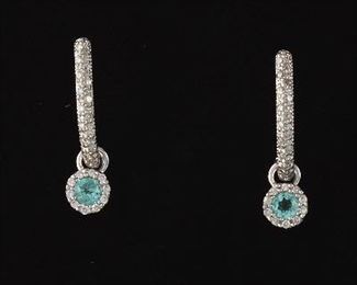 Pair of Diamond and Blue Zircon Earrings 
