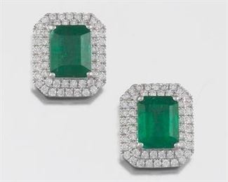 Pair of Emerald and Diamond Earrings 