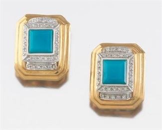 Pair of Gold Turquoise and Diamond Earrings 