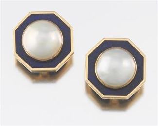 Pair of Gold, Lapis, and Mabe Pearl Earrings 
