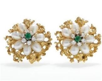 Pair of Gold, Pearl, Diamond and Emerald Earrings 
