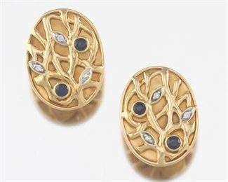 Pair of Gold, Sapphrie and Diamond Oval Foliate Earrings 