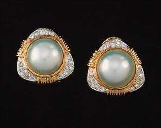 Pair of Mabe Pearl, Diamond and Gold Earrings 