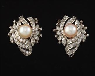 Pair of Pearl and Diamond Retro Earrings 