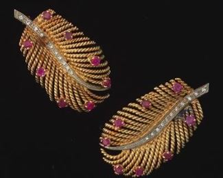 Pair of Ruby and Diamond Feather Brooches 