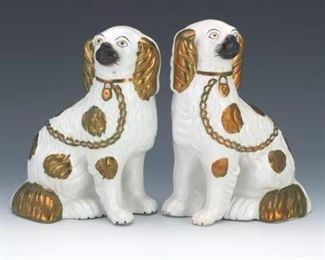 Pair of Staffordshire Spaniels with Copper Lustre