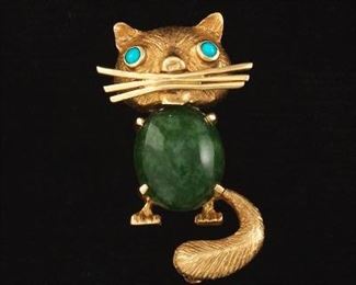 Retro Gold Jade and Turquoise Cat Brooch