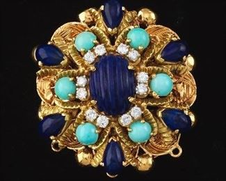 Retro Gold, Carved Lapis, Turquoise and Diamond Brooch 