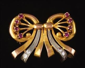 Retro Gold, Ruby, and Diamond Bow Brooch 
