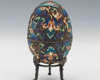 Russian Faberge Style ParcelGilt Silver and Cloisonn Enamel Egg on Stand 