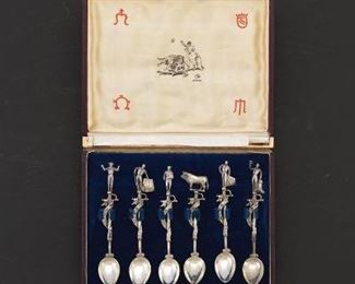 Six Spanish Sterling Silver Boxed Matador and Bull Demitasse Spoons