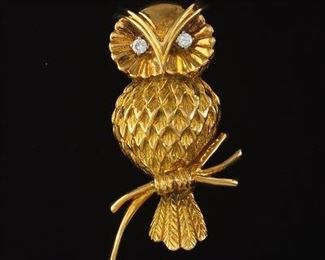 Tiffany Co. Gold and Diamond Owl Brooch 