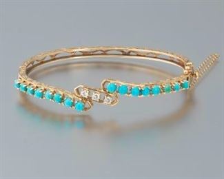 Turquoise, Diamond and Gold Bangle Bracelet 