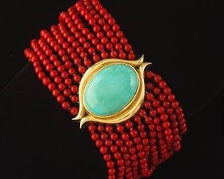 Turquoise, Coral and Gold Bracelet 