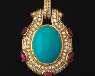 Turquoise, Diamond and Ruby Pendant 