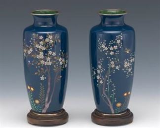 Two Japanese Silver Wire Cloisonne Enamel on Silver Vases on Stands 