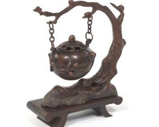 Unusual Chinese Patinated Bronze Censer, Peach Pot on Prunus Tree, with Rosewood Strand 
