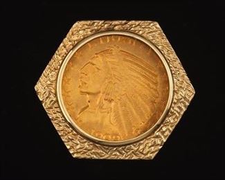 US $5 Indian Coin Mounted in 14k Bezel