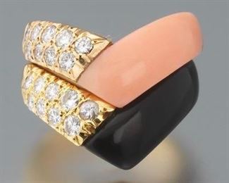 Van Cleef Arpels Gold, Coral, Onyx and Diamond Ring Set 