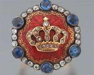Victorian Gold, Blue Sapphire, Diamond and Guilloche Enamel Royal Crown Ring 