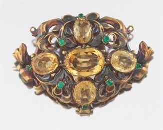 Victorian Gold, Yellow Topaz and Emerald Brooch 