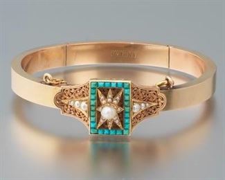 Victorian Gold, Turquoise and Pearl Bangle Bracelet 