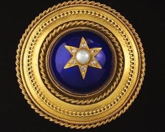 Victorian High Karat Gold, Enamel, Pearl and Diamond Locket Brooch 