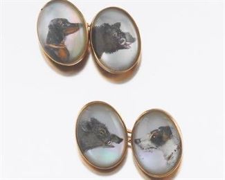 Victorian Rare 14k Gold, Hand Painted Cameo Carved MotherofPearl Hunting Pair of Cufflinks 