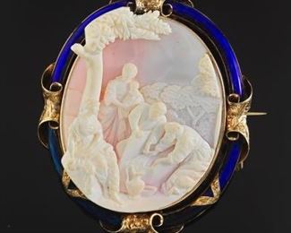 Victorian Oversized Dimensional Cameo and Enamel Brooch 