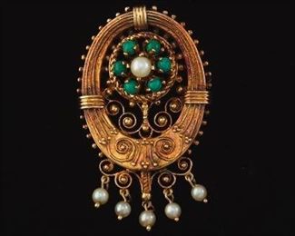 Victorian Style Gold, Turquoise and Pearl Brooch 