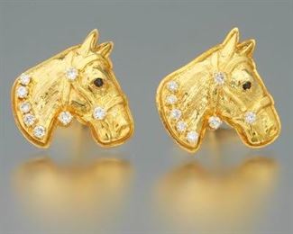 Vintage Pair of Gold, Diamond and Blue Sapphire Equestrian Cufflinks 