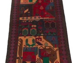 Vintage Unusual Fine Hand Knotted Balouch Pictorial Carpet 
