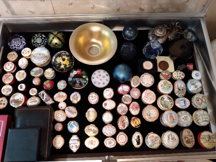 Artist signed paperweights,  Steuben Gold Aurene Calcite bowl, Halcyon Days Enameled boxes and more...